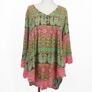 Farmers Market by OneWorld Boho Peasant Tunic Top Multicolor Print Lace Trim XL